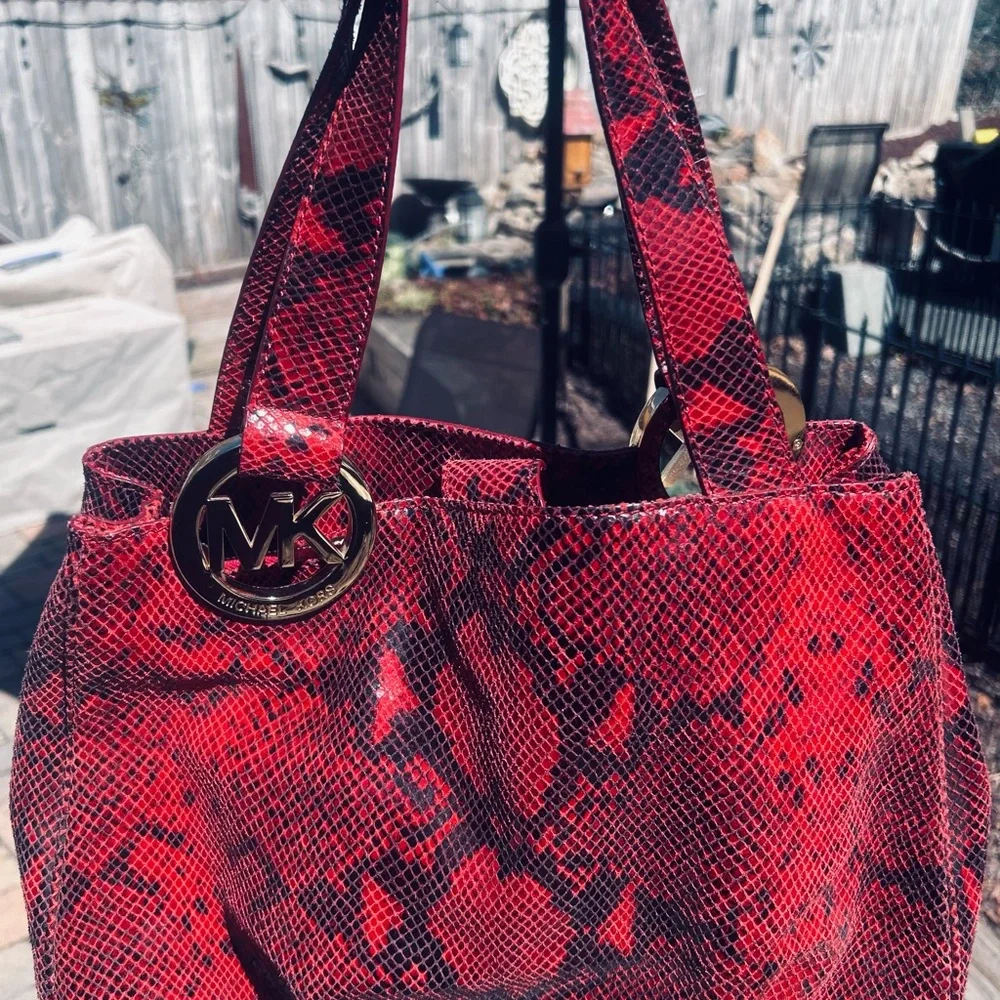 Michael Kors Red Black Snake Print Tote Shoulder Bag Gold Logo